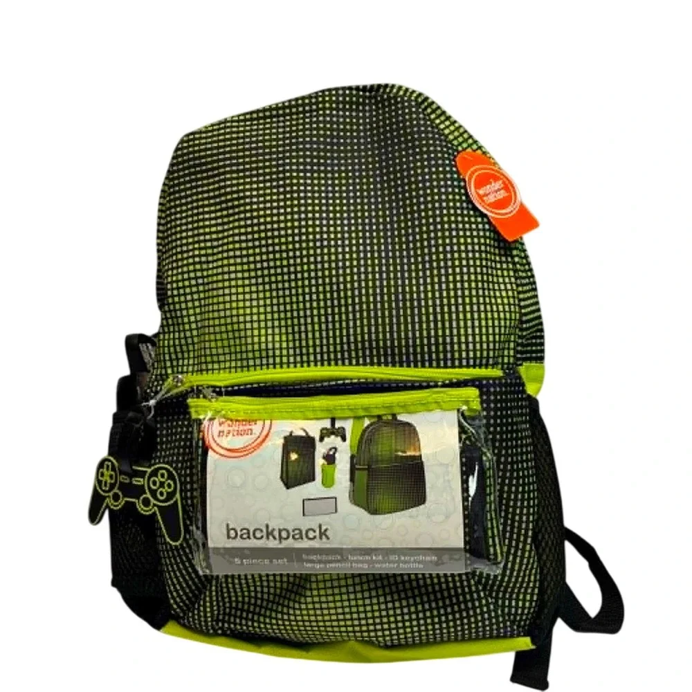 Wonder Nation Backpack 5 Piece Set Kids One Size Green Gamer Grid Pattern